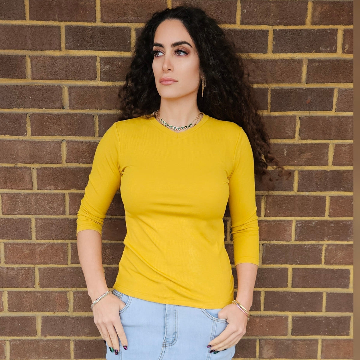 Mustard V Neck Microribbed Tshirt