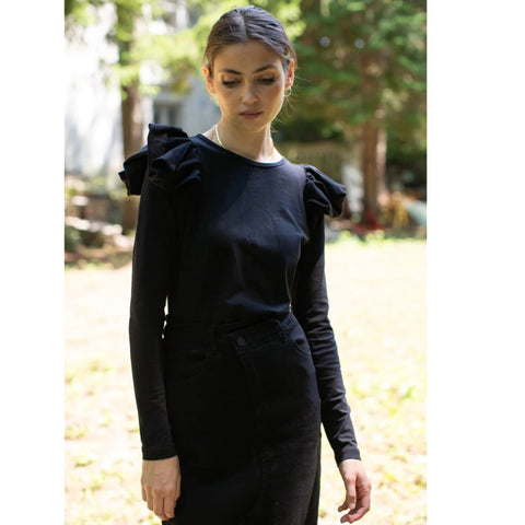 Black Ruffle Shoulder Tee by Adina LV