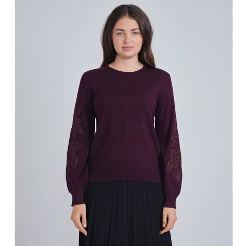 Shimmer Stitched Burgundy Sleeve Yal Sweater