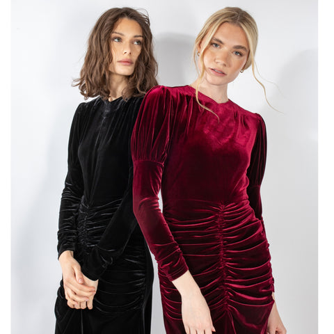 Velvet Ruched Dress Burgundy