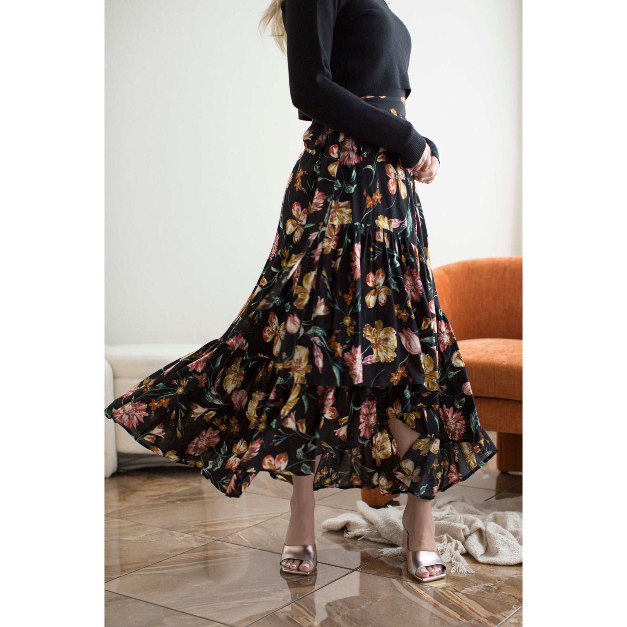 Black Floral Tiered Maxi Skirt by Adina LV – The Mimi Boutique