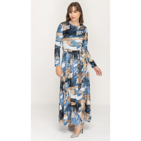 Blue Vivid Velvet Belted Maxi