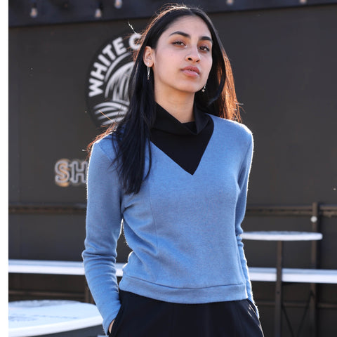 Blue Contrast Ribbed Cowlneck Top
