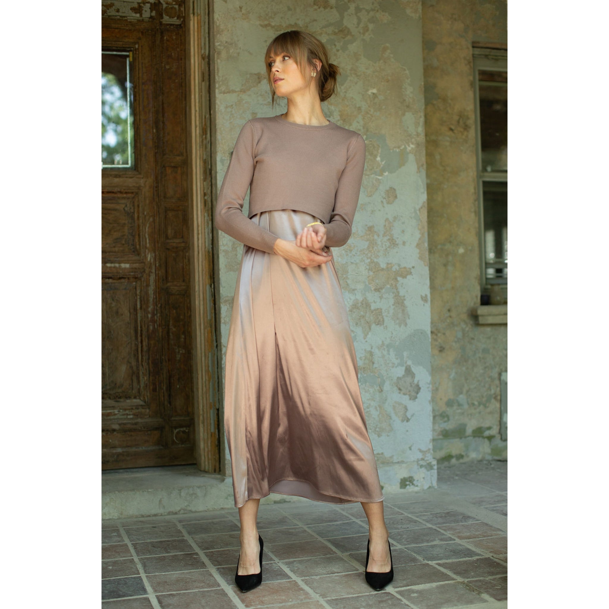 Champagne Slip Dress + Crop Sweater Set Adina LV – The Mimi Boutique
