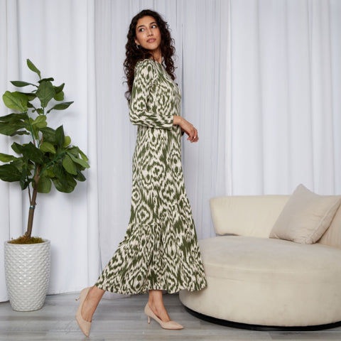 Lisa Maxi Ruffle Dress Olive Geo