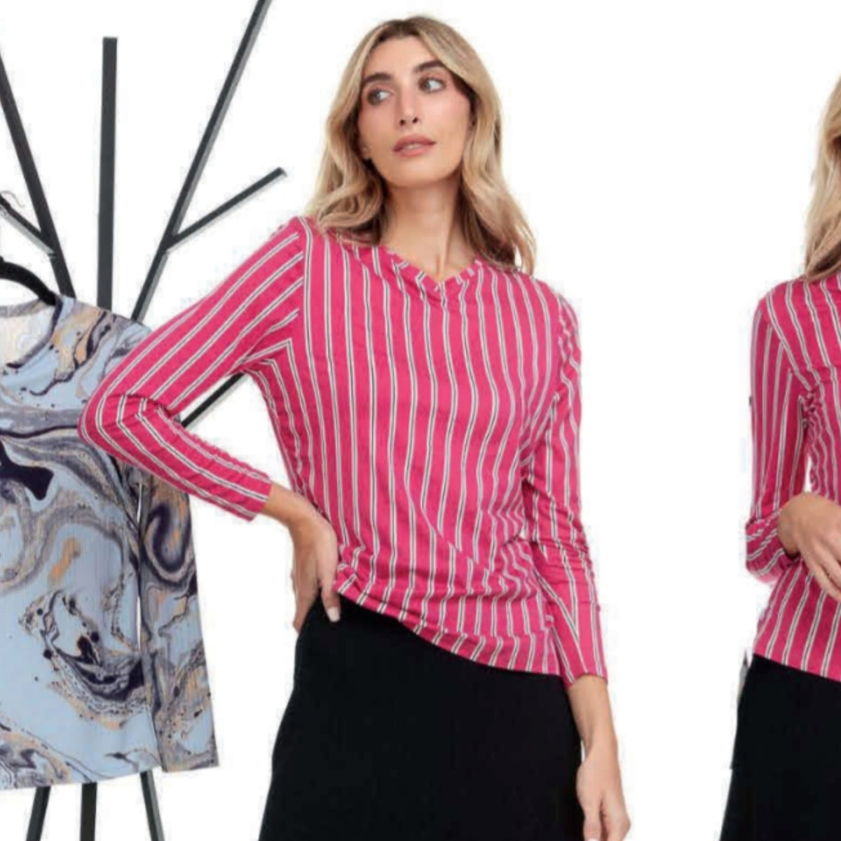 Batsheva V Neck Tee Fuschia Stripe