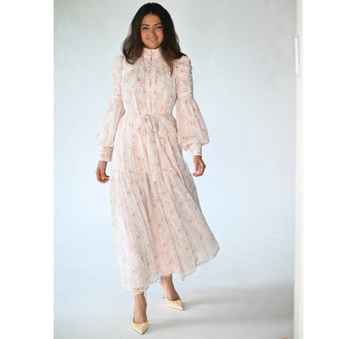 Pink Ruched Floral Maxi Dress