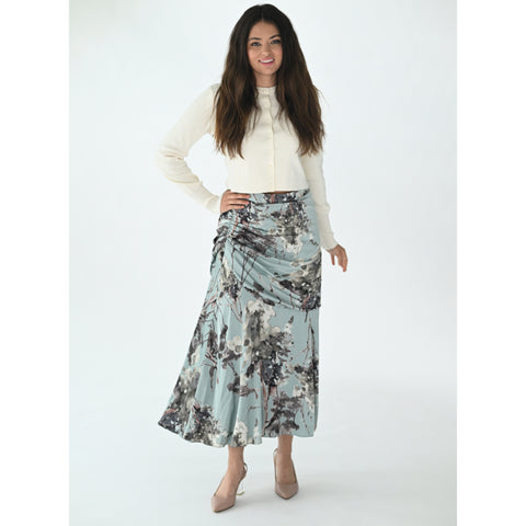 Gathered Silky Floral Skirt