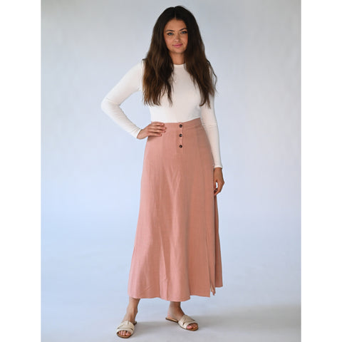 Button Front Linen Skirt Rose