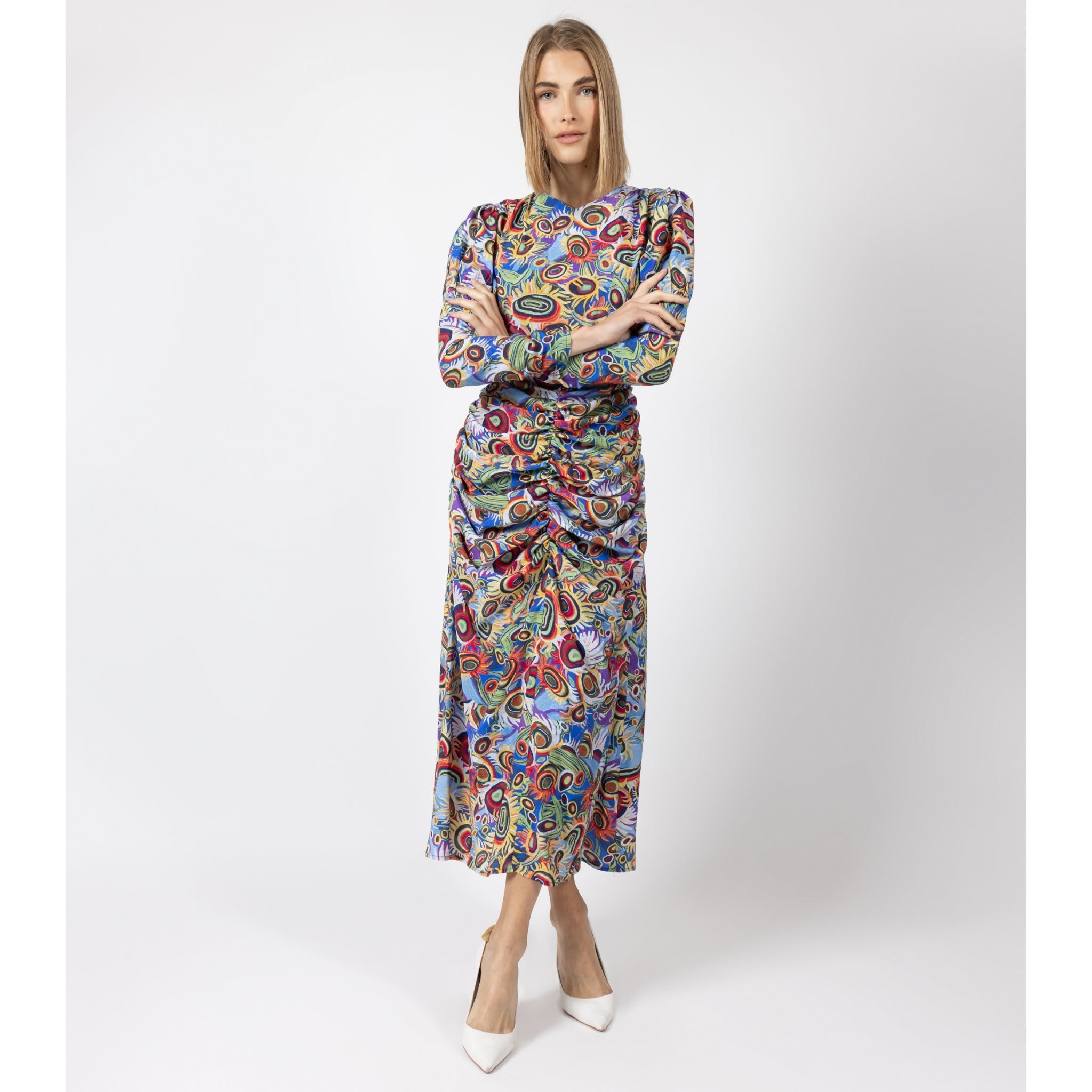 multicolor ruched dress Multicolor Tropical Floral Print Ruched V Neck Maxi Dress