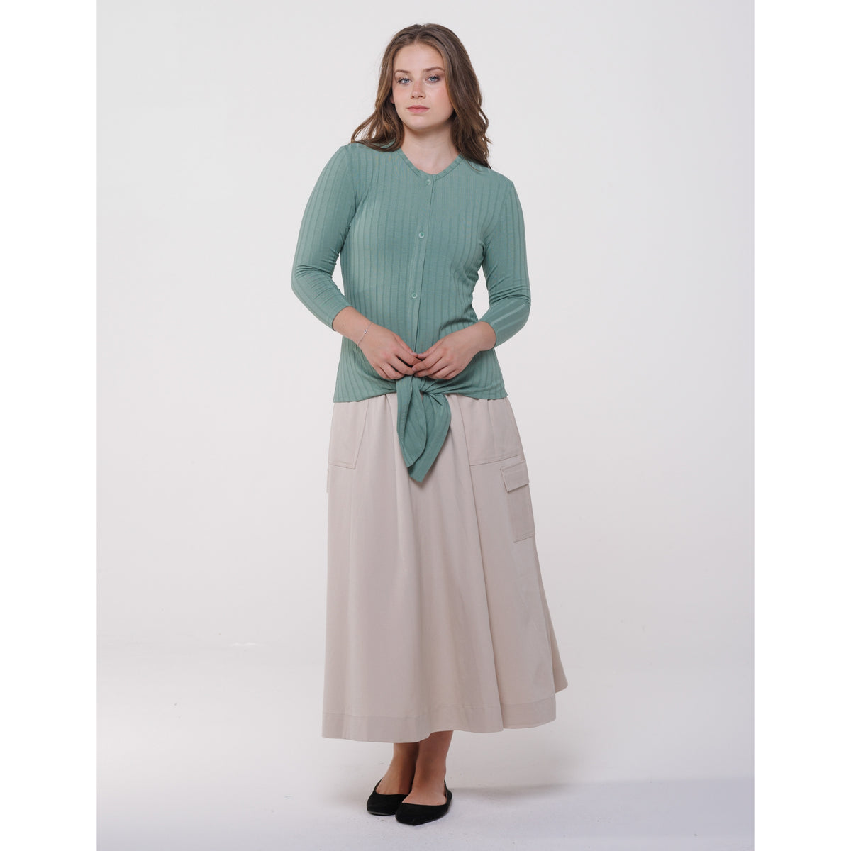 Tie Waist Button Top Green