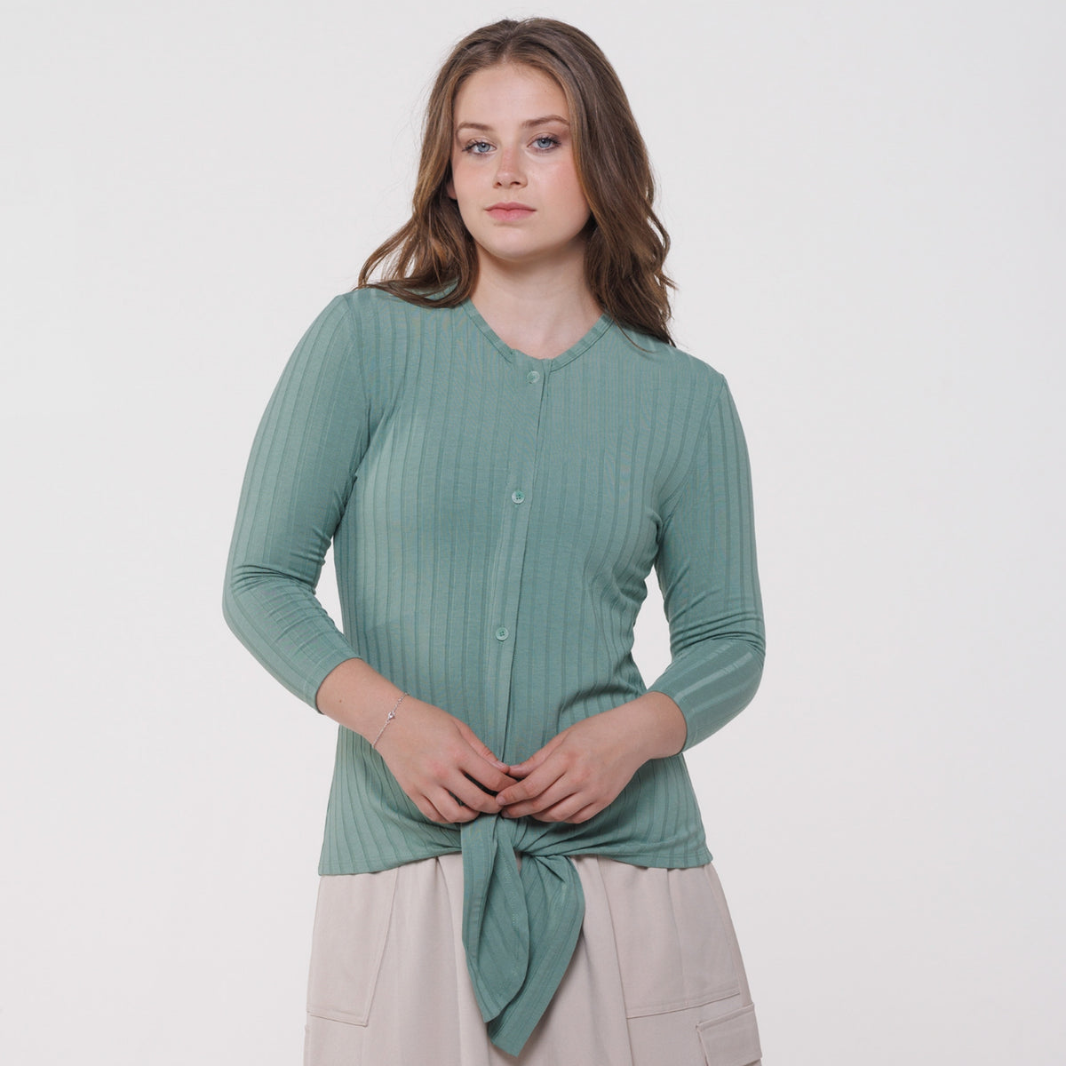 Tie Waist Button Top Green