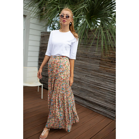 Tiered Maxi Skirt Vibrant Floral Sketch by Adina LV
