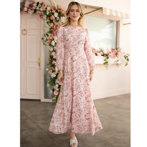 Pleated Waist Pink Burnout Chiffon Maxi Dress by Adina LV