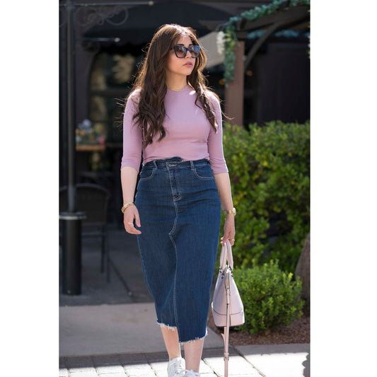 Crossover Blue Denim Midi Skirt by Adina LV