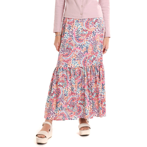 Pink Digital Beaded Ruffle Hem Skirt