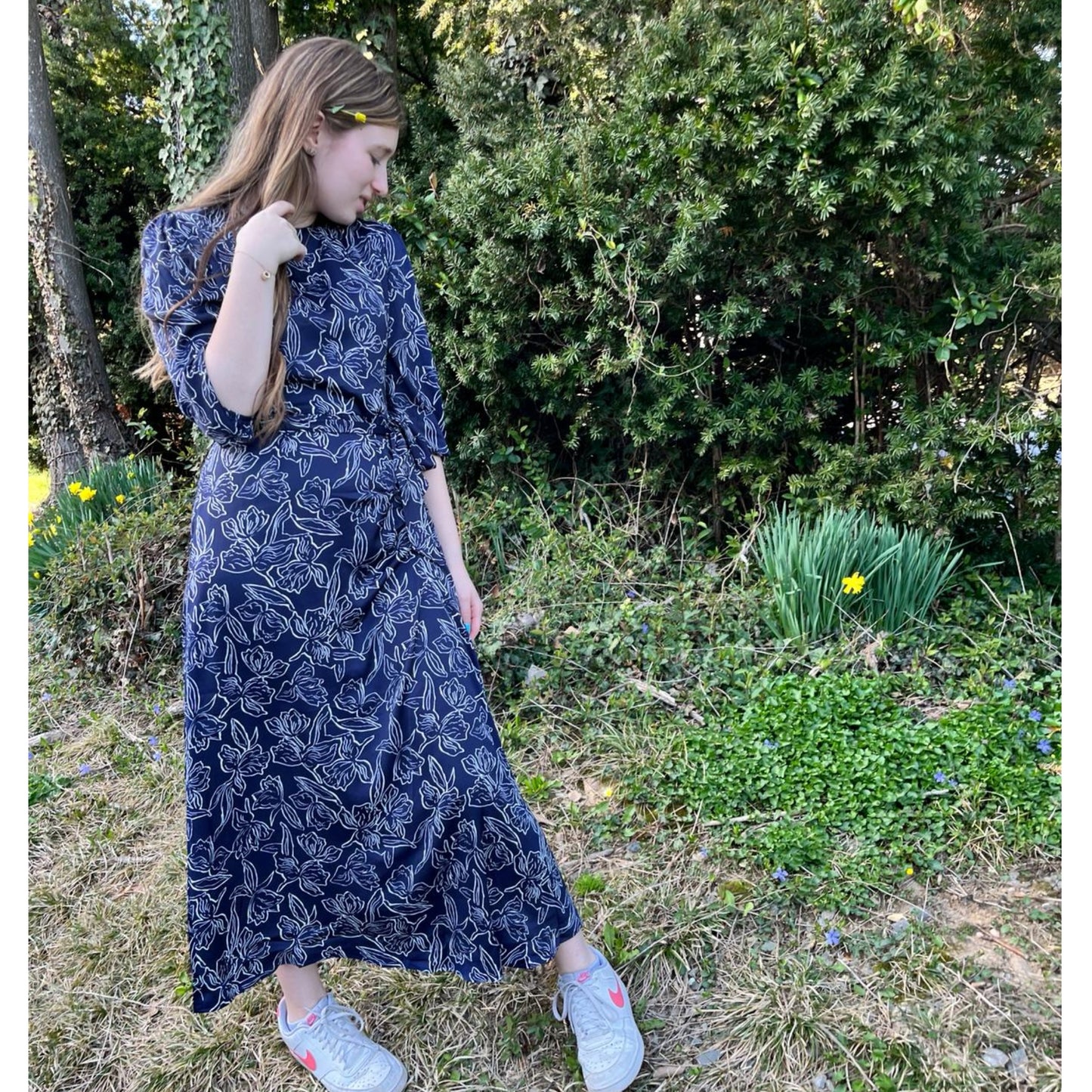 Side Ruched Navy Midi Dress