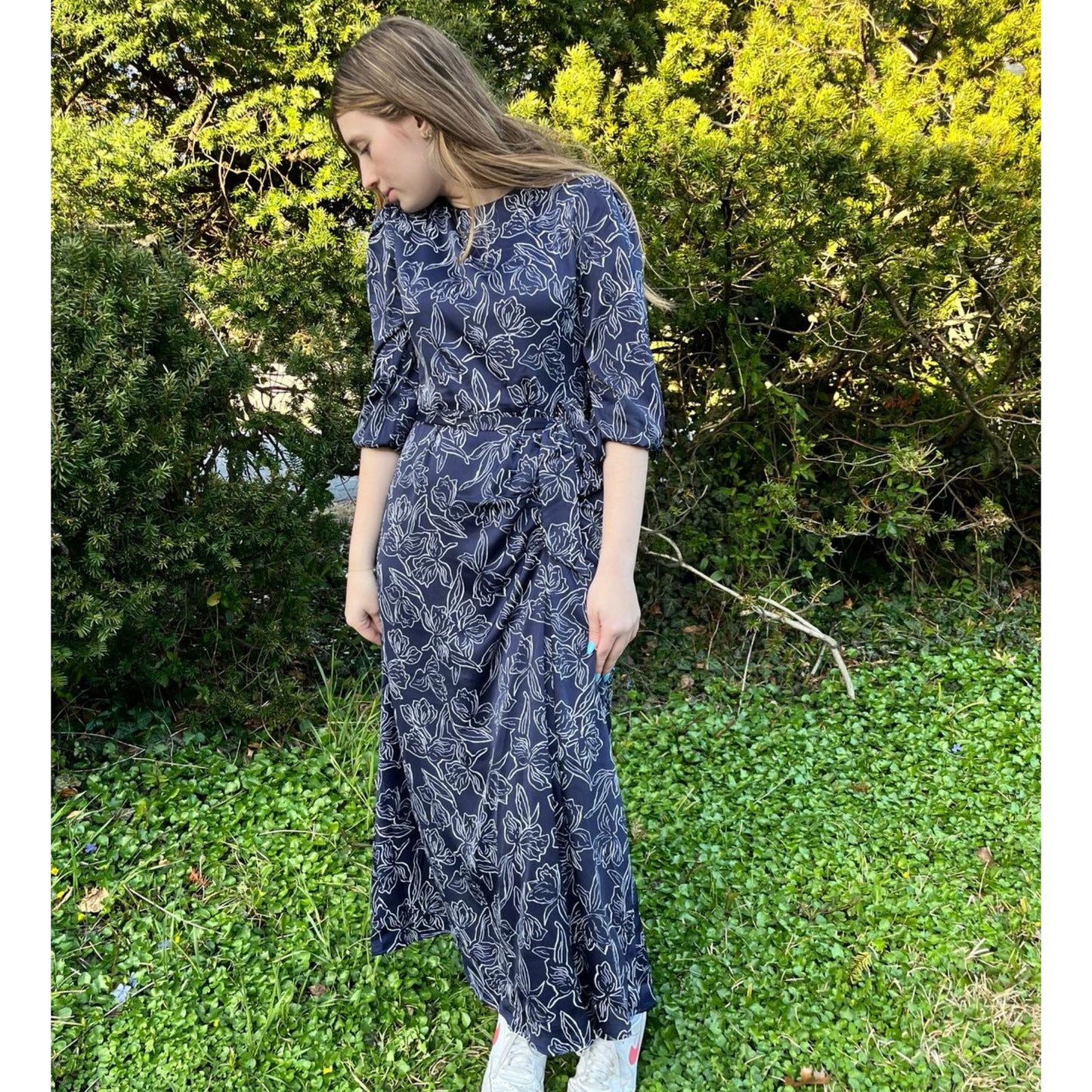 Side Ruched Navy Midi Dress