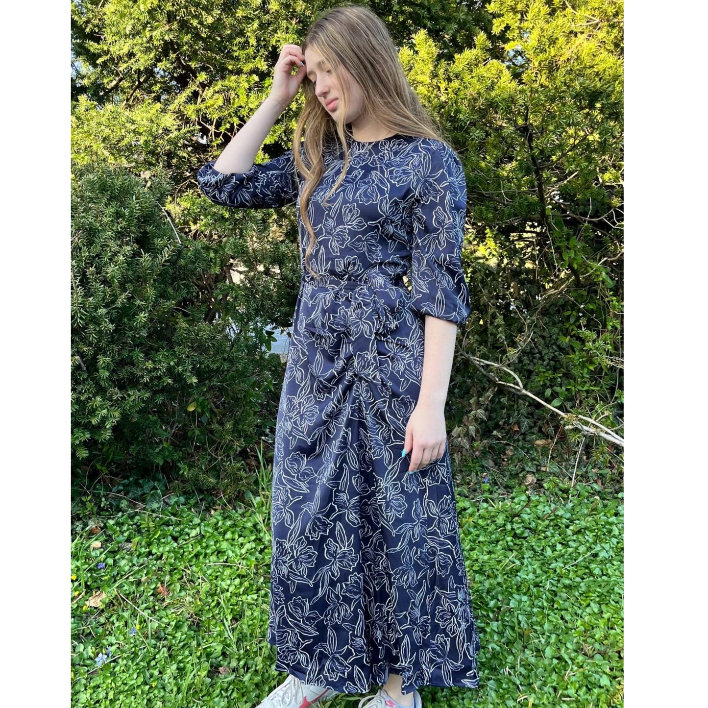 Side Ruched Navy Midi Dress