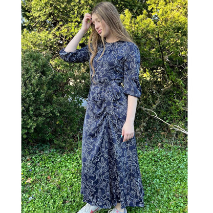 Side Ruched Navy Midi Dress