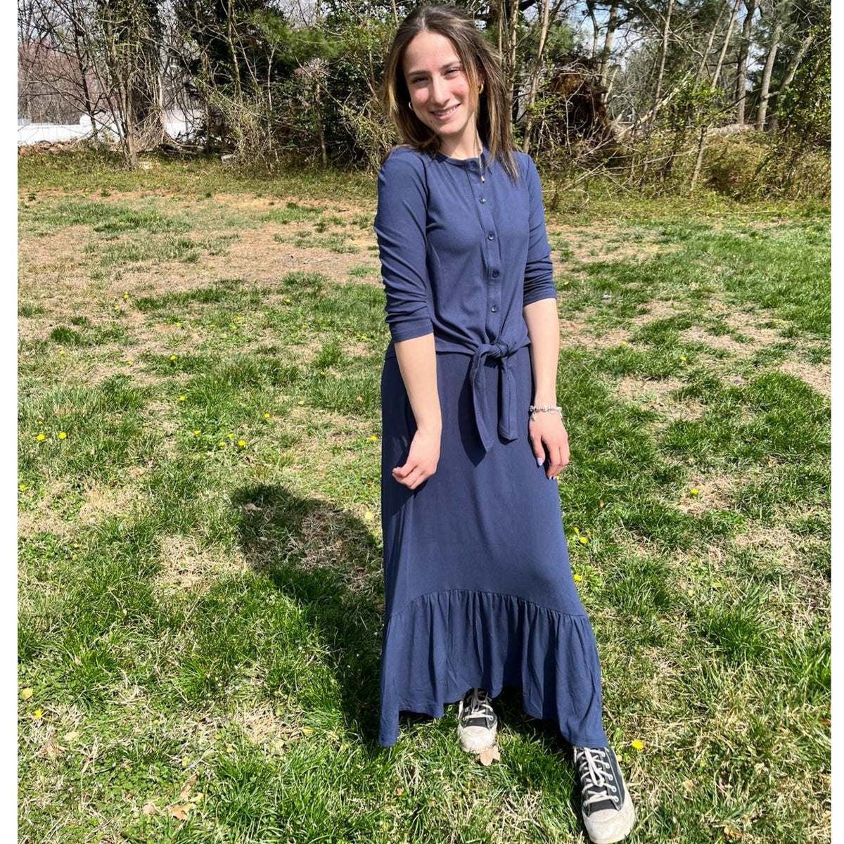 Micro Ribbed Low Ruffle Maxi Skirt Navy