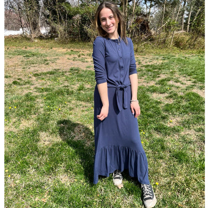 Micro Ribbed Low Ruffle Maxi Skirt Navy