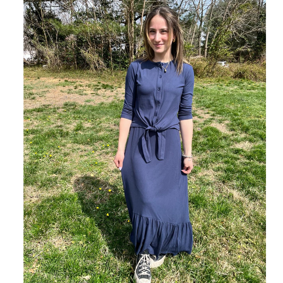 Micro Ribbed Low Ruffle Maxi Skirt Navy