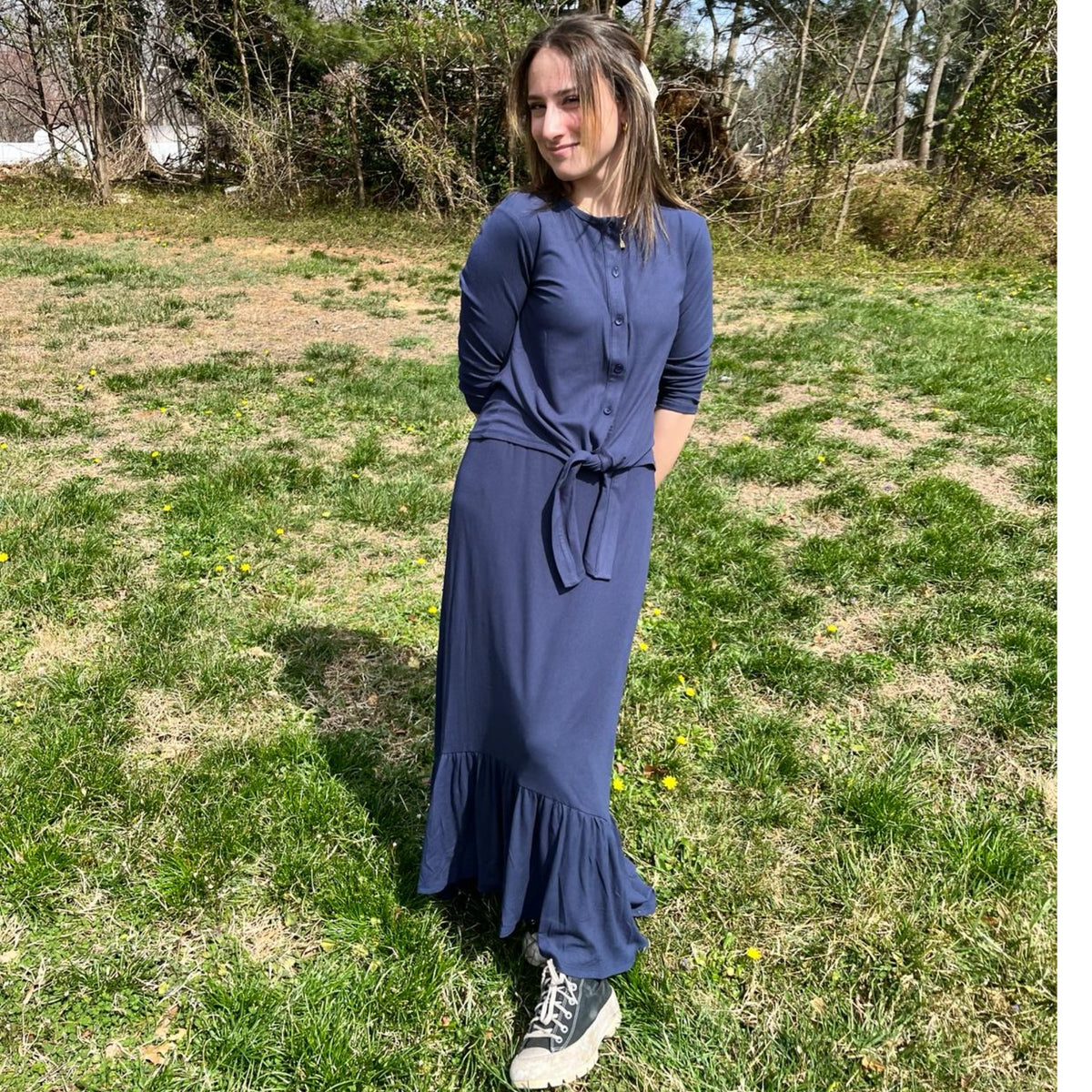 Micro Ribbed Low Ruffle Maxi Skirt Navy