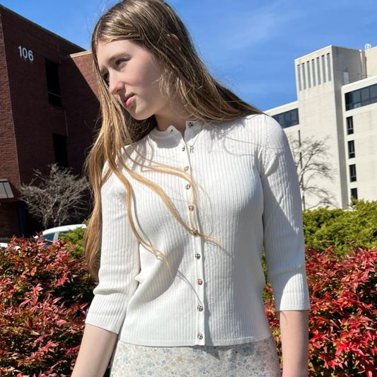 Plaid Button Crewneck Ivory - The Mimi Boutique