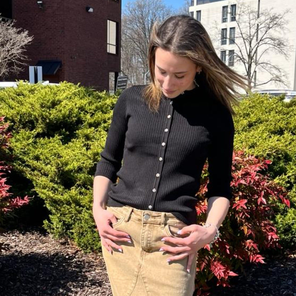 Plaid Button Crewneck Black
