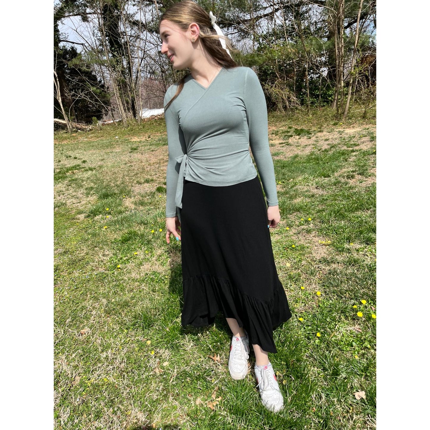 Micro Ribbed Low Ruffle Maxi Skirt Black