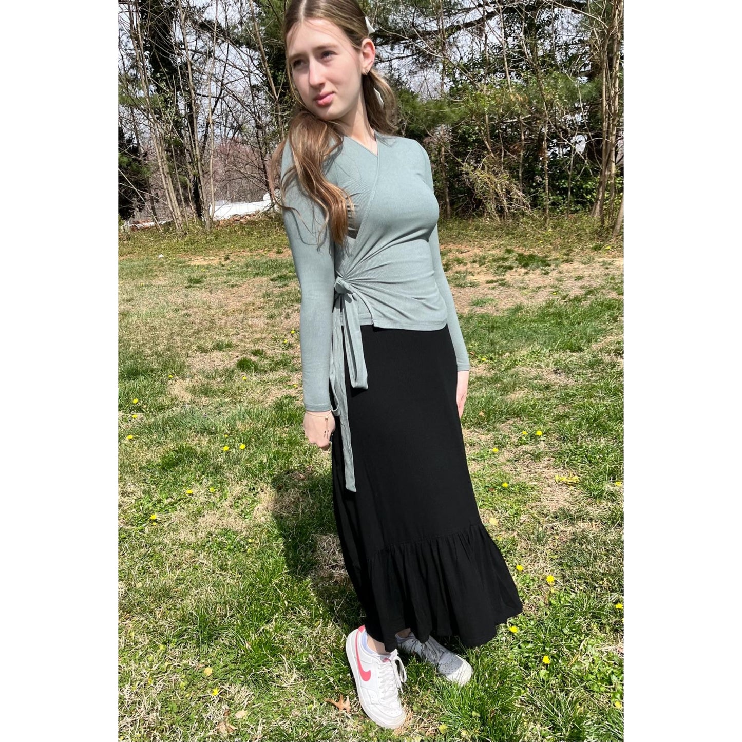 Micro Ribbed Low Ruffle Maxi Skirt Black