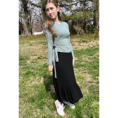 Micro Ribbed Low Ruffle Maxi Skirt Black