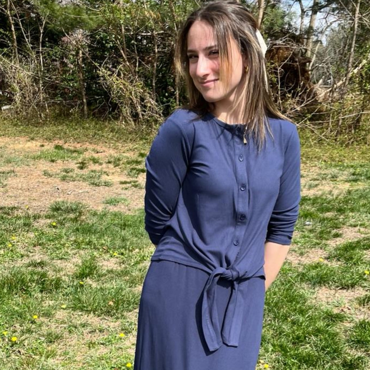 Navy Button Down Tie Front Shirt