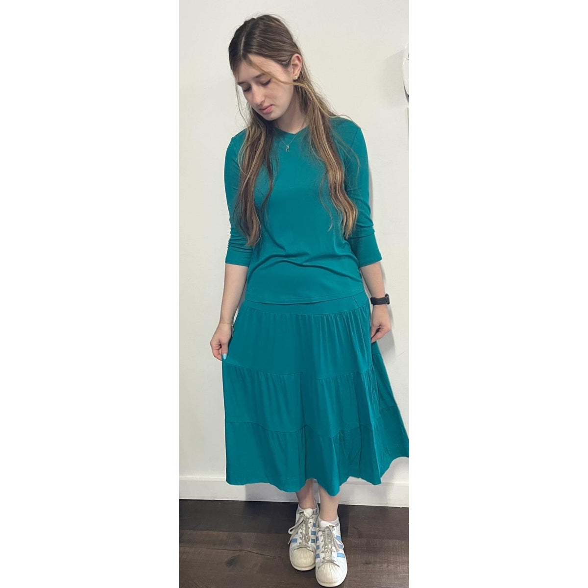 Turquoise Microribbed Tiered Midi Maxi Skirt by Ivee
