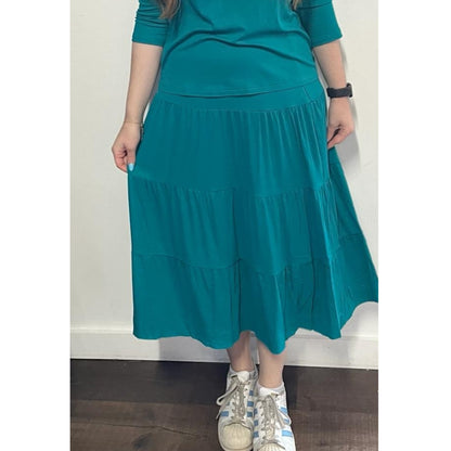 Turquoise Microribbed Tiered Midi Maxi Skirt by Ivee