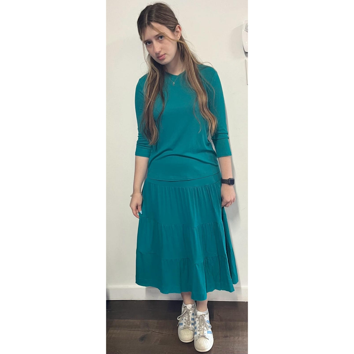 Turquoise Microribbed Tiered Midi Maxi Skirt by Ivee