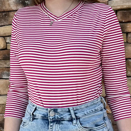 Hot Pink V Neck Ribbed Stripe Tee