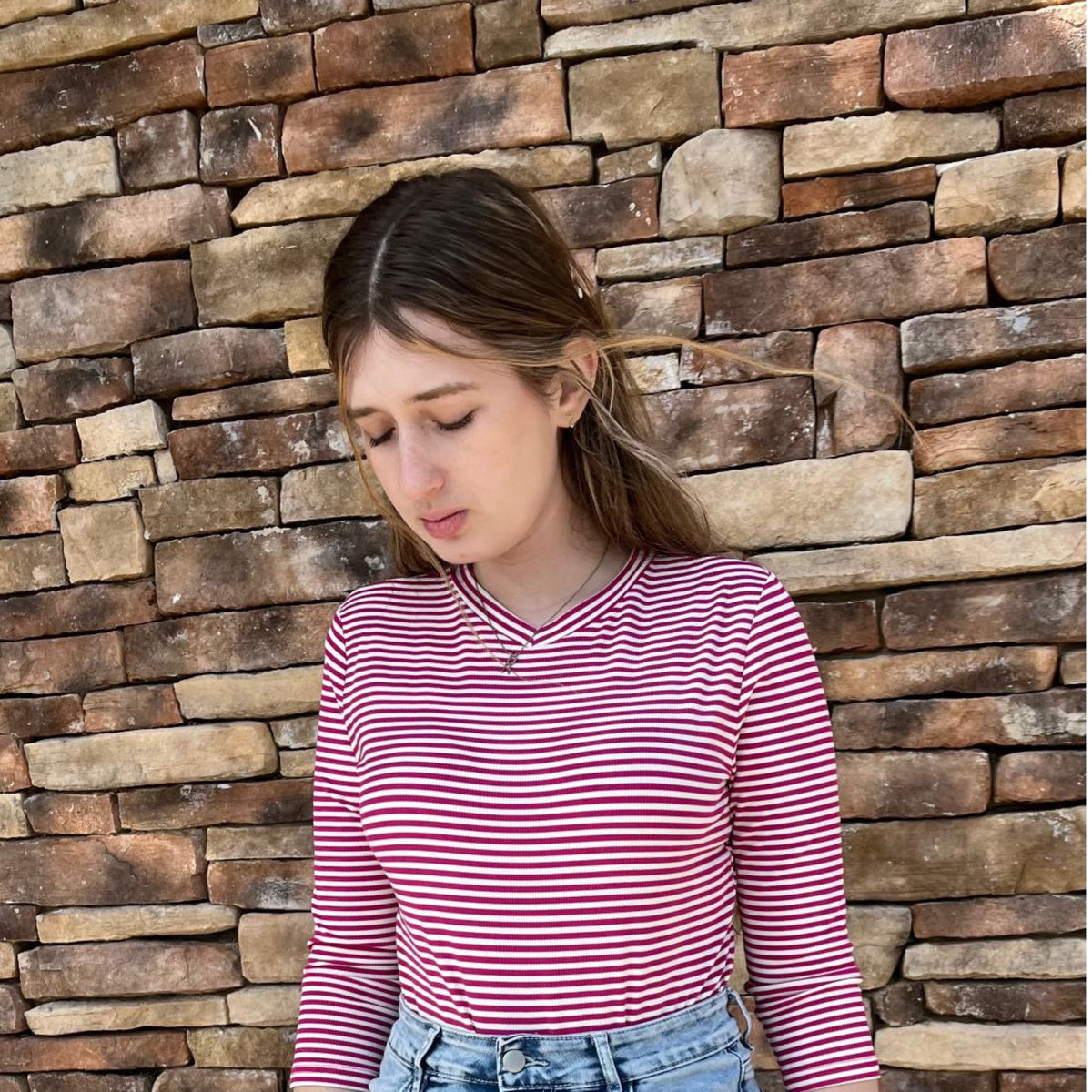 Hot Pink V Neck Ribbed Stripe Tee