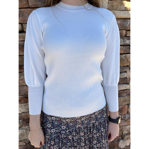 White Ribbed Puff Sleeve Top