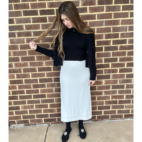 White Microribbed Straight Midi Skirt