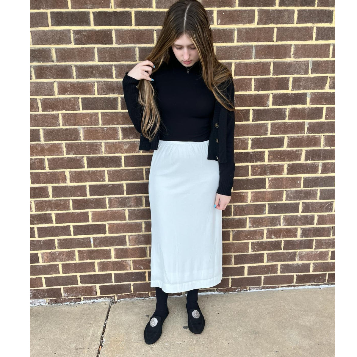 White Microribbed Straight Midi Skirt