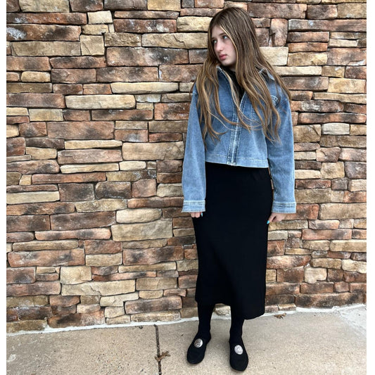 Black Microribbed Straight Midi Skirt