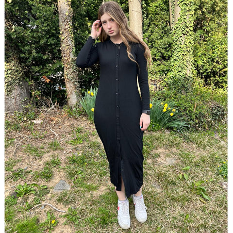 Black Microribbed Henley Dress