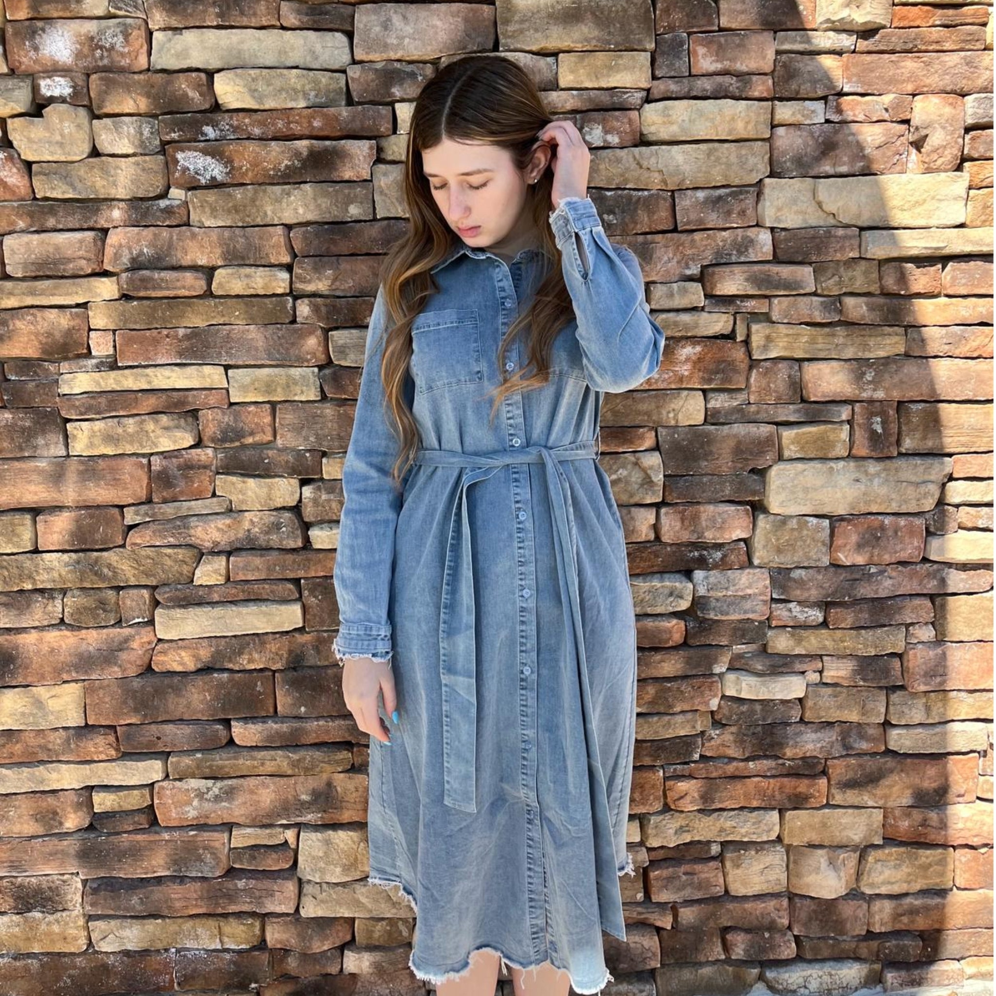 venus denim shirt dress VENUS Lace Print Denim Mini Dress | Medium Wash