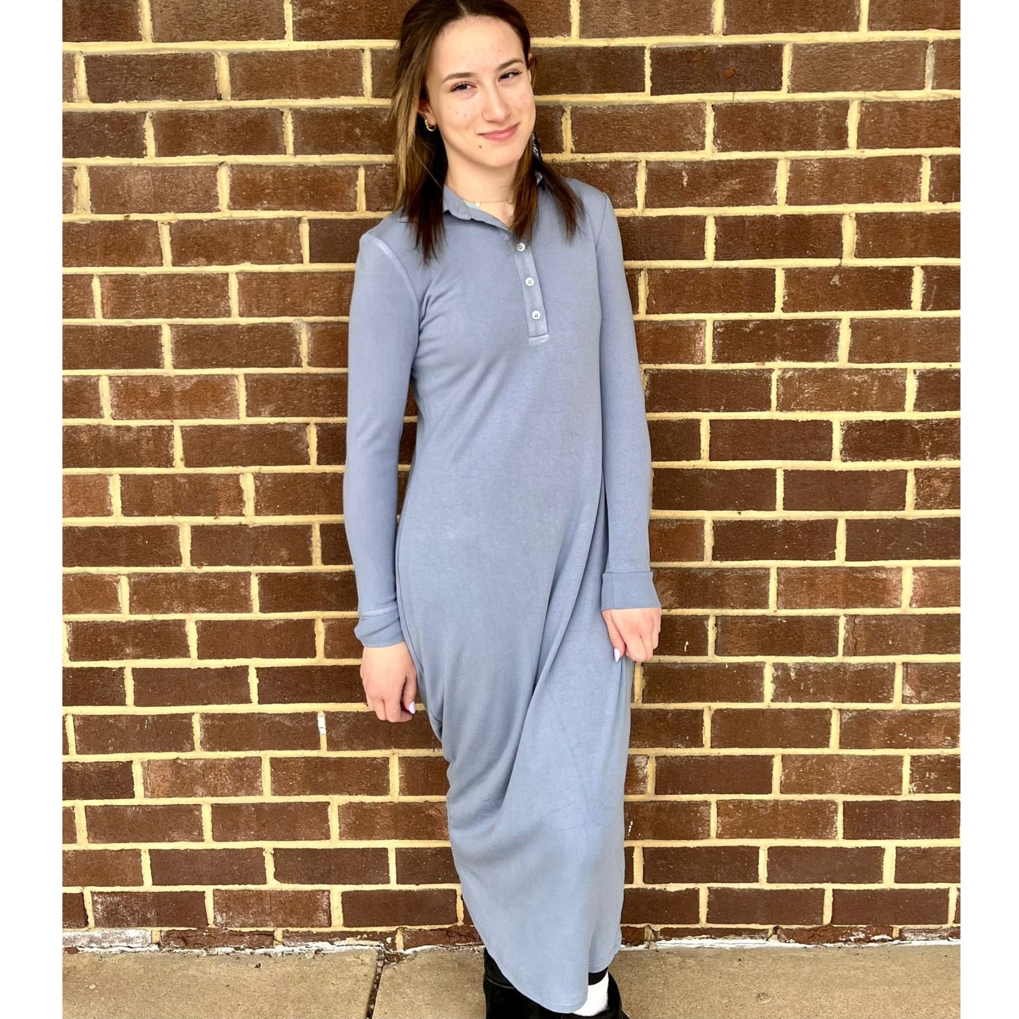 Henley Smokey Blue Midi Dress The Mimi Boutique