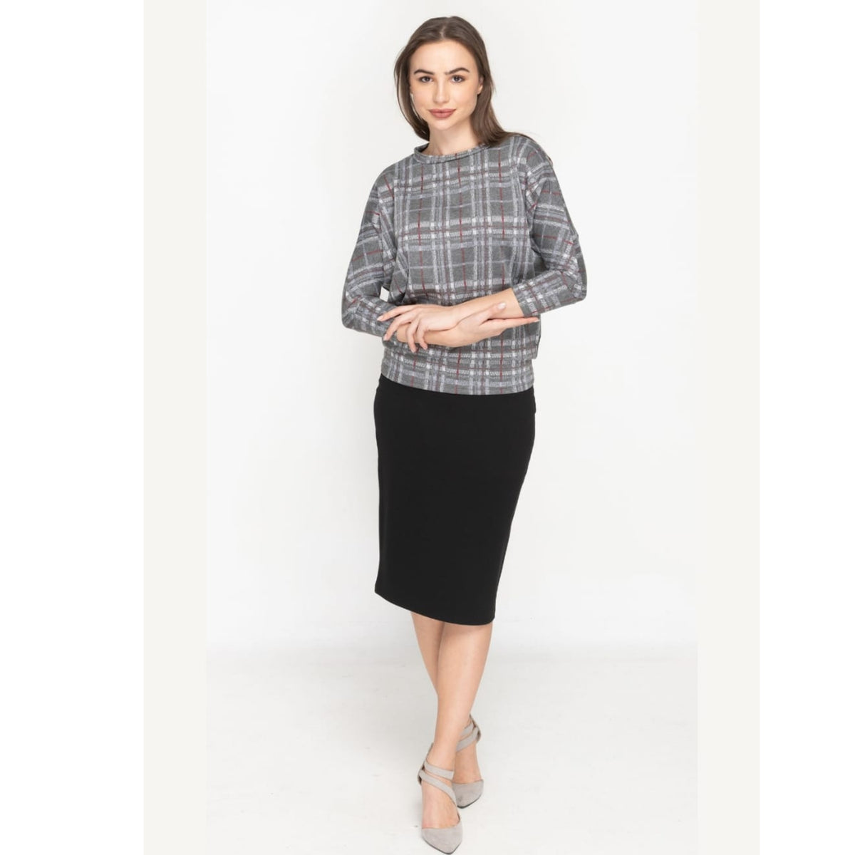 Sweater Dolman Top Grey Plaid