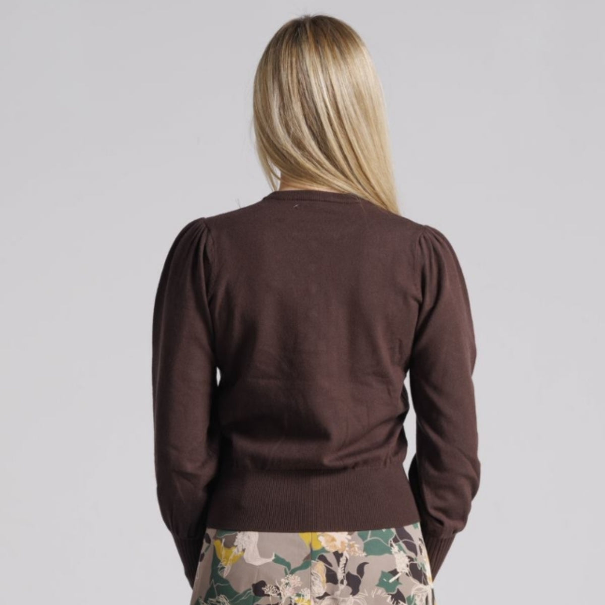 Brown Puff Sleeve Henley Sweater