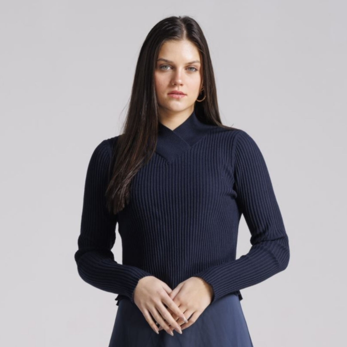 Navy Wide Ribbed Collared Top