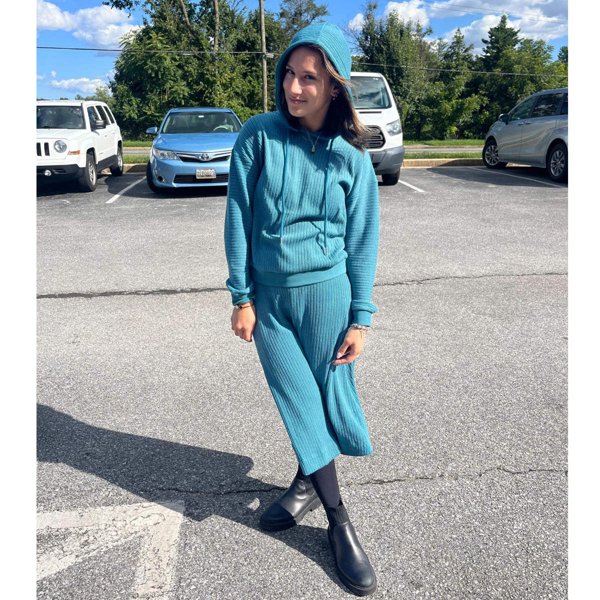 Smokey Blue Cable Hooded Top